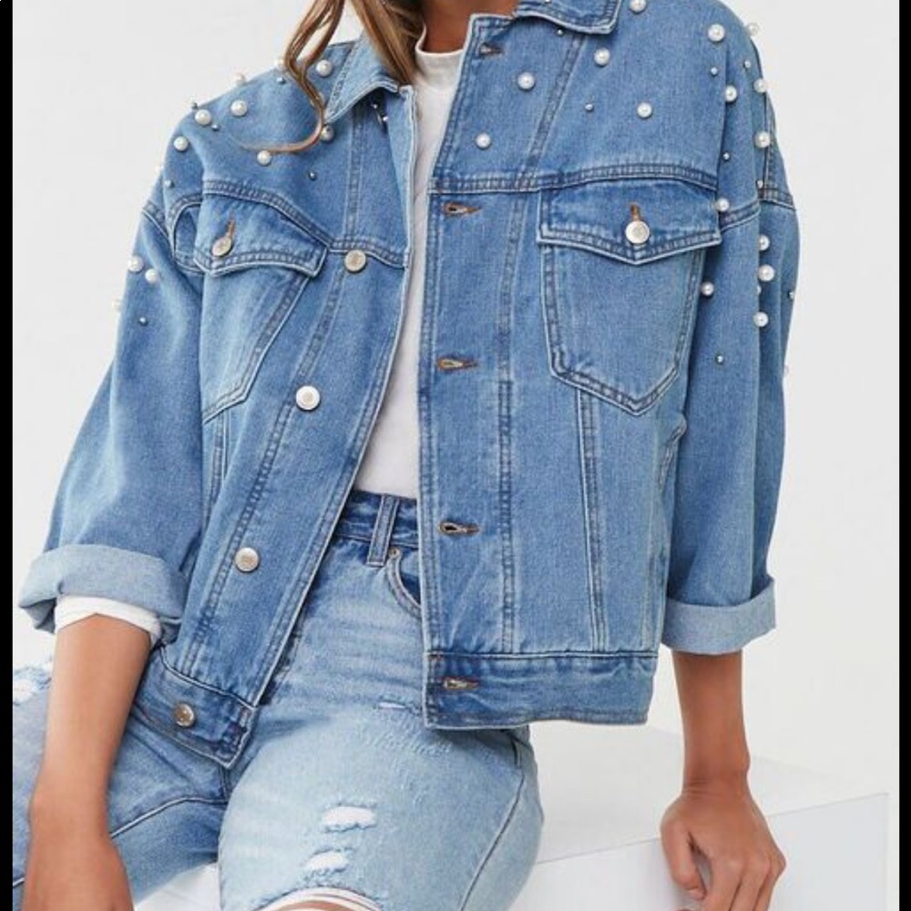 Faux Pearl Denim Jacket - Forever21